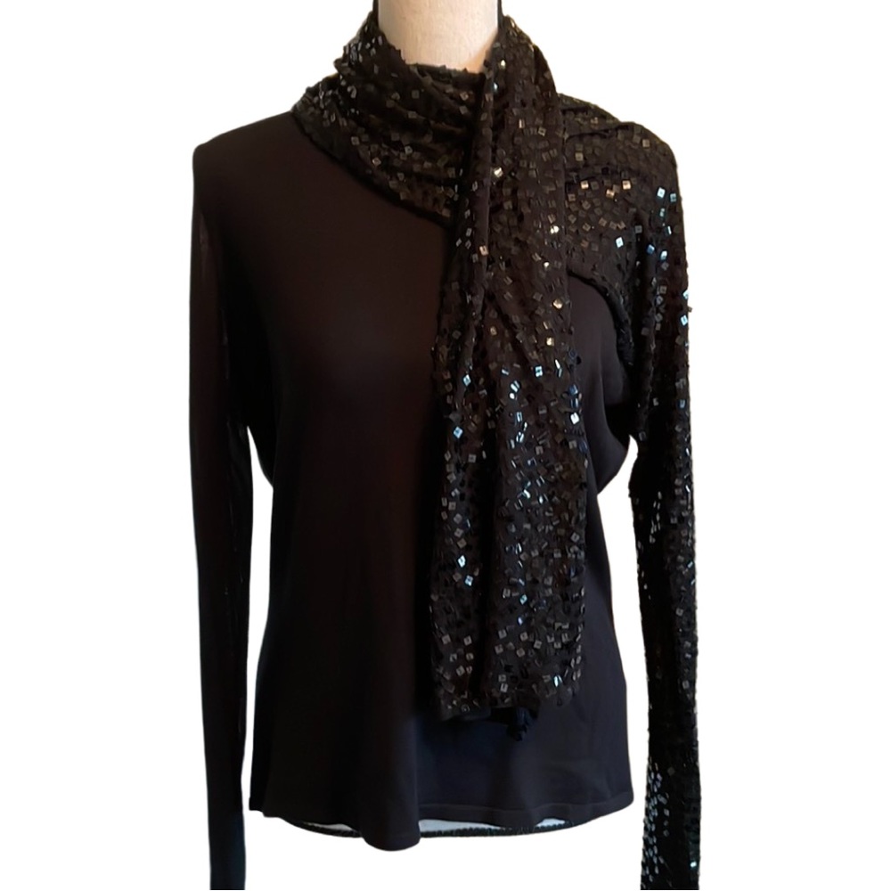 Maraschino Silk Blend Black Sweater with Attached Sequins Scarf Large